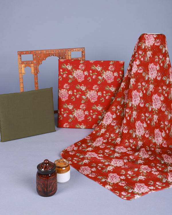Cotton Unstitched Suit And Dupatta With Floral Print – Panna Sarees